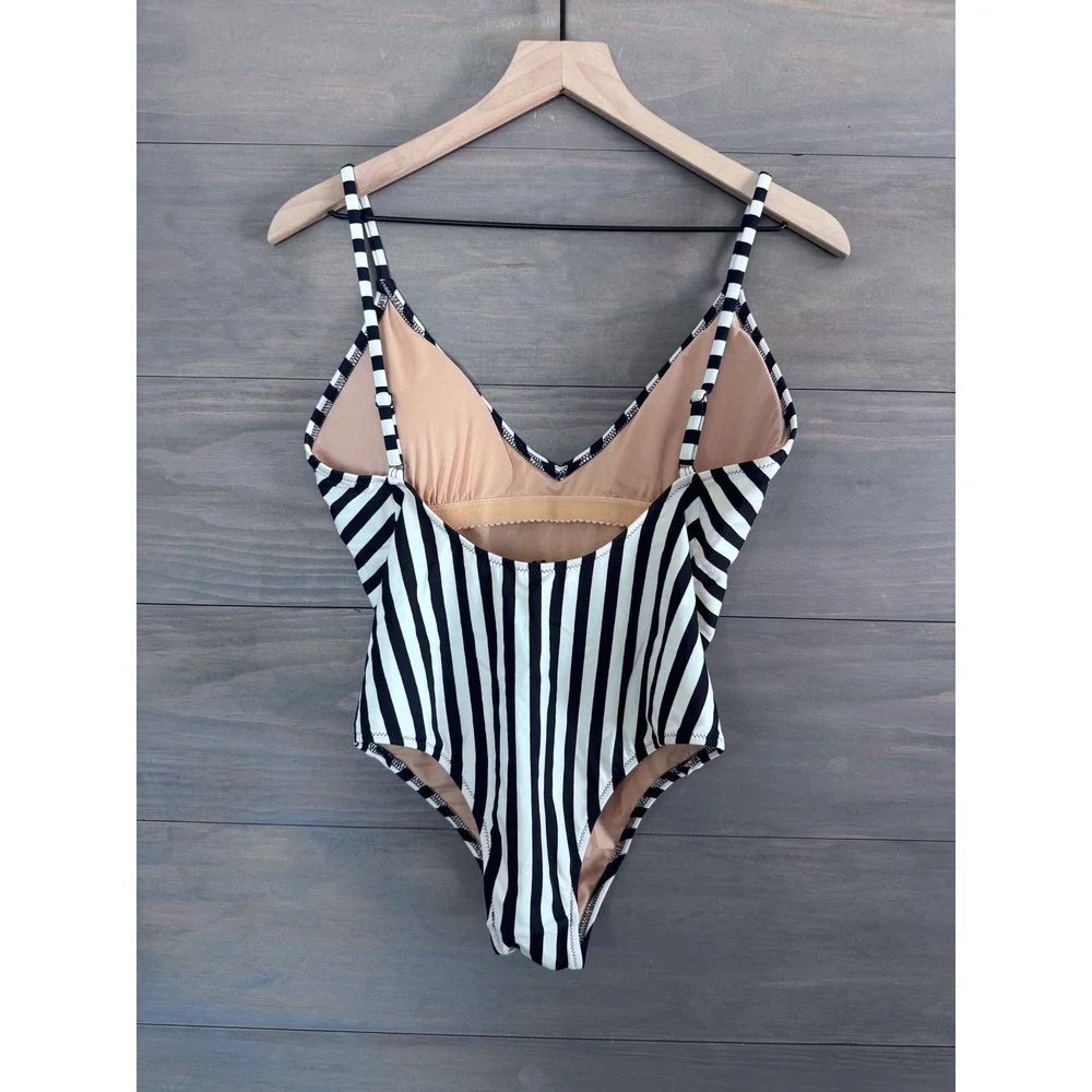 J. Crew Mixed Stripe Paneled One-Piece Swimsuit Navy White J5037  Size 8 NWT‎